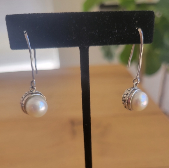 Genuine Cultured Pearl 925 Dangly Filigree Earrings - Picture 9 of 10